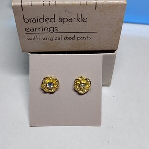 Vintage Avon Gold Braided Sparkle Stud Earrings with Clear Stone